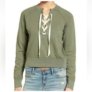 NTW Sincerely Jules Kaya Olive Green Lace-Up Cropped Sweatshirt